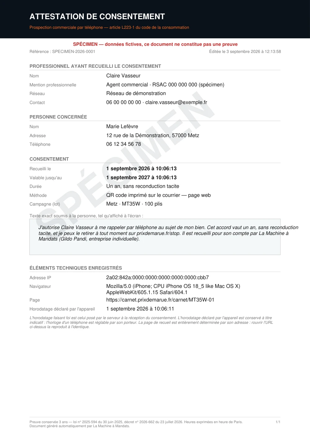 Spécimen d'attestation de consentement : professionnel, personne concernée, dates, et le texte exact soumis à la personne
